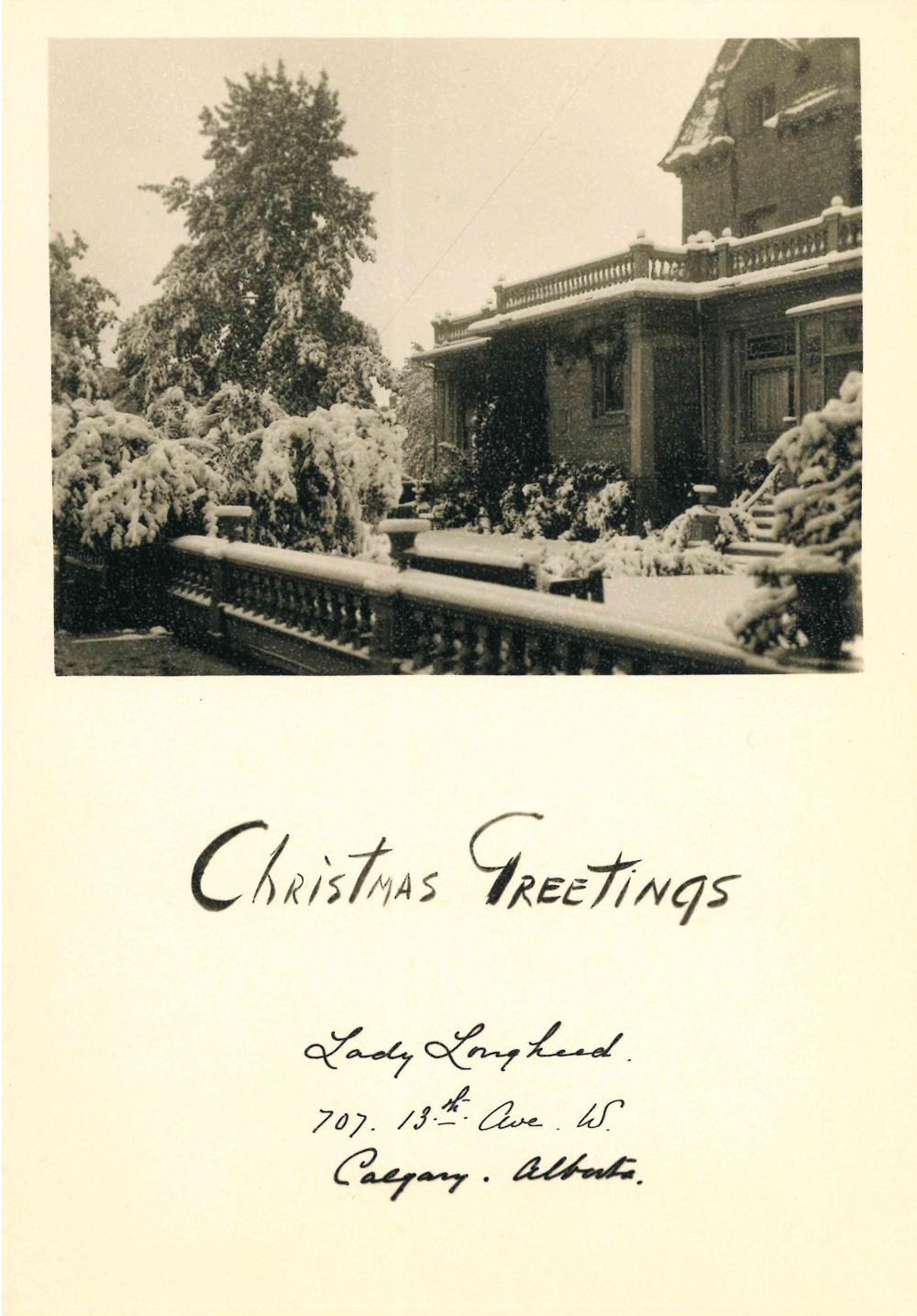 Photo d’une carte de Noël avec la maison Beaulieu enneigée
