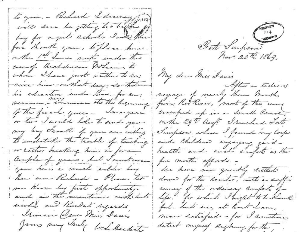 Lettre manuscrite de William Hardisty à mademoiselle Davis