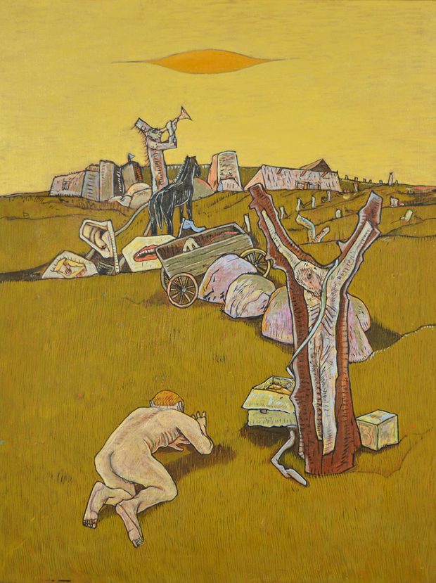 Personne par terre, une autre crucifiée sur un arbre, des oreilles et une bouche détachées, un cheval et un trompettiste 