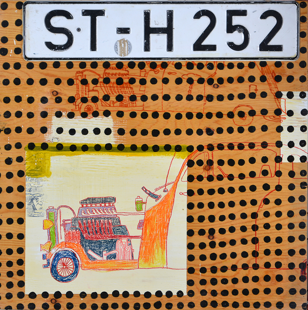 Dessin d’un moteur de voiture sur du bois