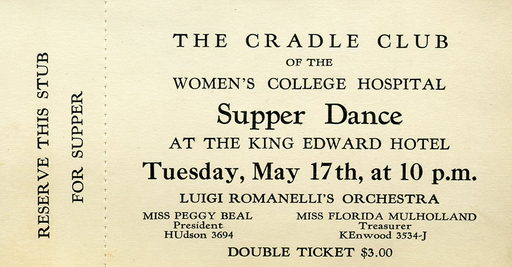 Billet pour un concert de l’Orchestre Luigi Romanelli présenté par le Cradle Club of Women's College Hospital à l’hôtel King Edward.