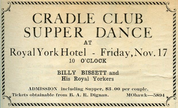 Annonce pour un souper et bal du Cradle Club à l’hôtel Royal York, le 17 novembre 1933.