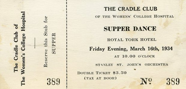 Talon de billet pour le souper et bal du Cradle Club of Women's College Hospital tenu le 16 mars 1934 à l’hôtel Royal York.