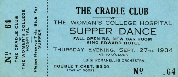 Talon de billet pour le bal et souper du Cradle Club of Women's College Hospital, le 27 septembre 1934.