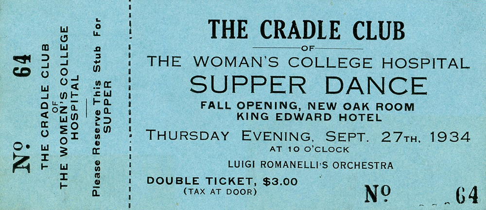 Talon de billet pour le bal et souper du Cradle Club of Women's College Hospital, le 27 septembre 1934.