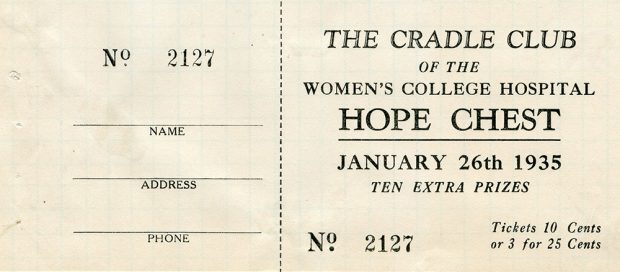 Talon de billet pour le tirage Hope Chest du Cradle Club of Women's College Hospital, le 26 janvier 1935.