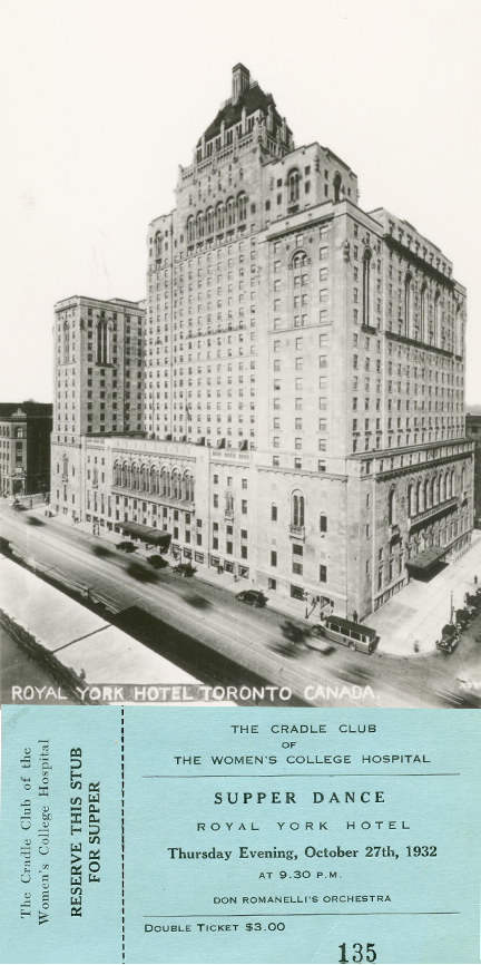 Billet pour un événement de collecte de fonds du Cradle Club et photo de l’extérieur de l’hôtel Royal York.