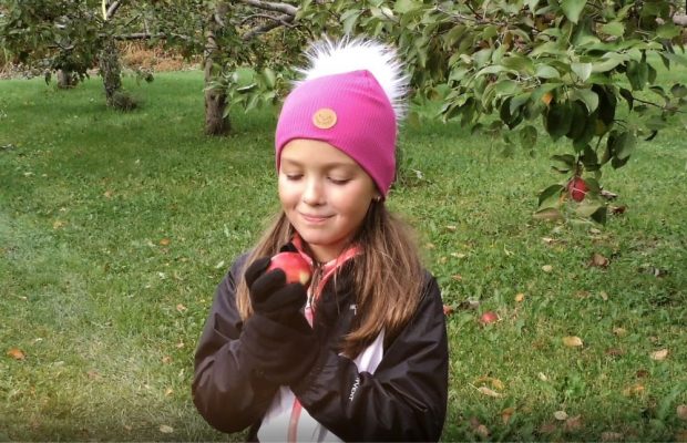 Fillette dans un verger tient une pomme dans ses mains