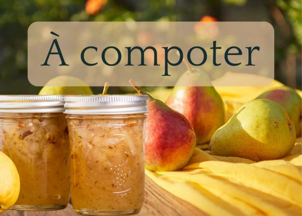 Poires et pots de compote sur une table