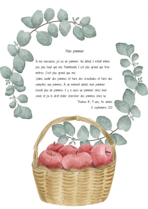 Texte d'un enfant sur une feuille décorée d'un panier de pommes