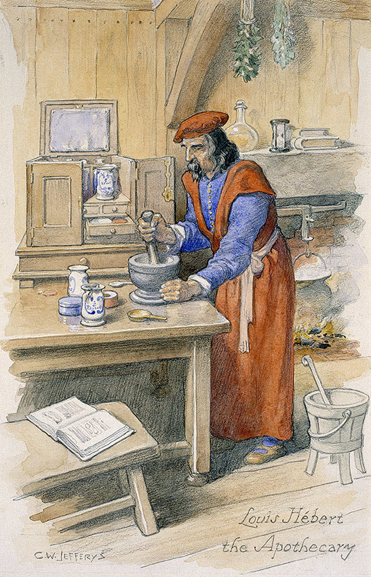 Représentation artistique de Louis Hébert, apothicaire dans son officine