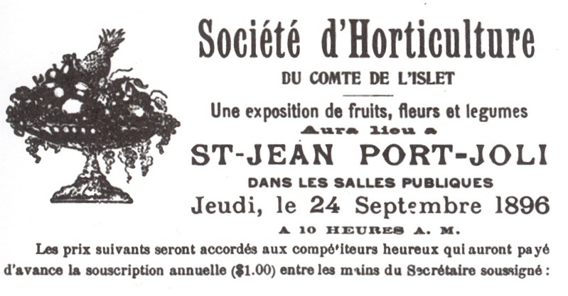Annonce d'une exposition de fruits, fleurs et légumes de la Société d'Horticulture du comté de L'Islet, 24-09-1896