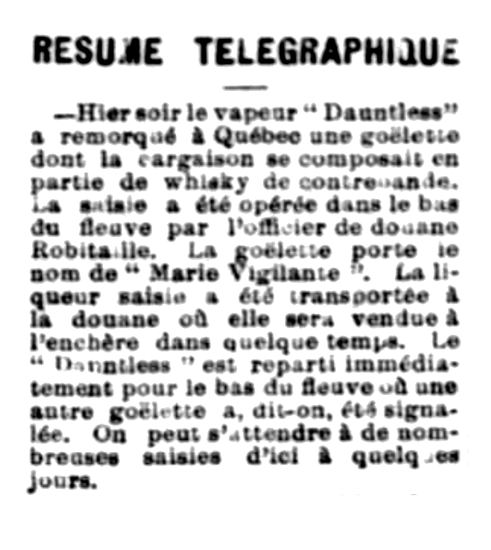 Article de journal faisant mention de la saisie de la Marie Vigilante. La goélette transportait une cargaison illégale de whisky.