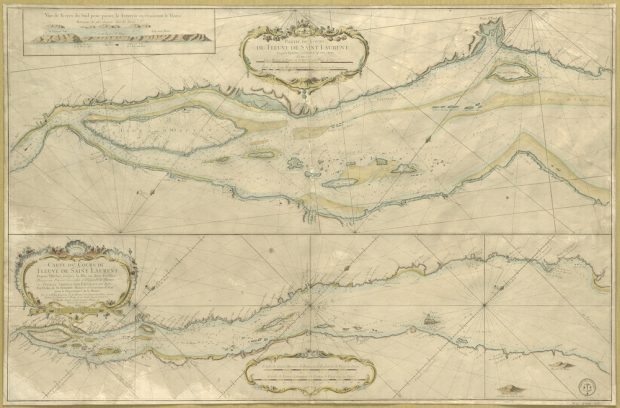 Carte ancienne du fleuve Saint-Laurent entre Québec et Rivière aux Outardes. La carte est divisée en deux vues. Celle du bas est générale ; celle du haut présente la portion du fleuve entre Québec et Cap aux Oies.
