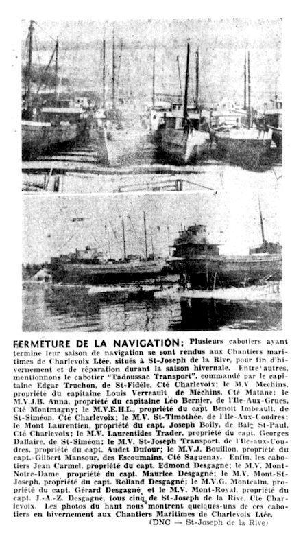 Article de journal annonçant l'hivernage de plusieurs bateaux aux Chantiers maritimes de Charlevoix. En en-tête apparaissent deux photographies montrant les goélettes alignées sur les rives des Chantiers.