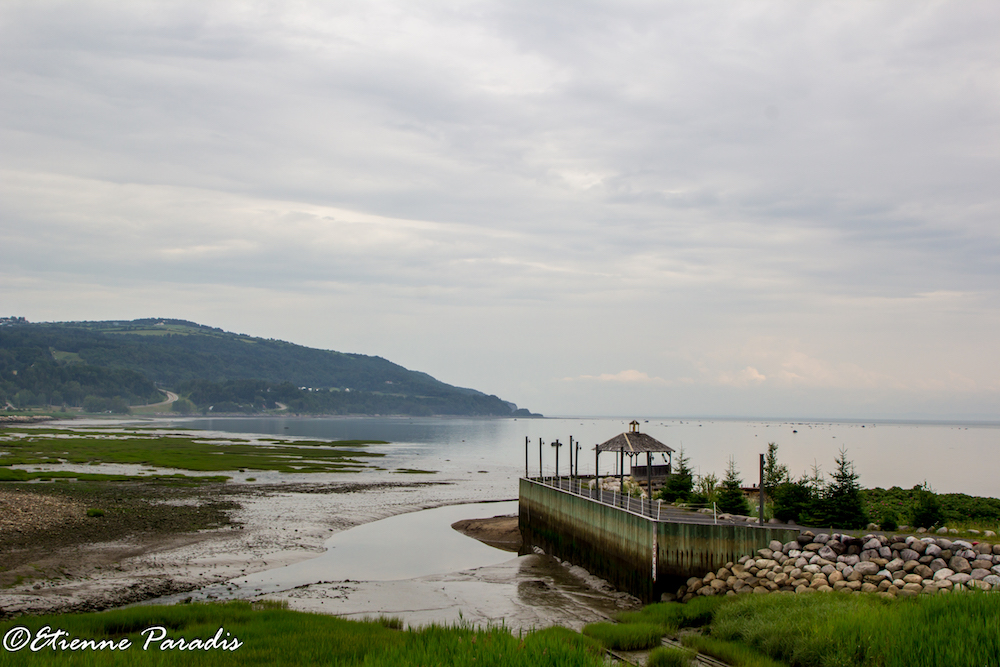 Vue sur la baie de Saint-Joseph-de-la-Rive à partir du site du Musée maritime de Charlevoix. Un quai de bois s'avance dans le fleuve au premier plan.