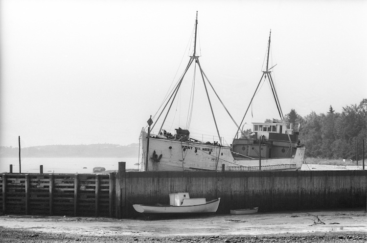 Photographie en noir et blanc. Au centre de l'image se dresse la goélette Mont Ste-Marie, à quai. Elle est blanche et son nom est peint en noir. Elle a deux mâts. Le quai est en bois. Devant celui-ci, dans l'eau reposent deux petites chaloupes.