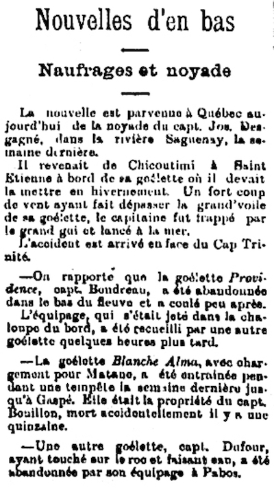 Article de journal relatant la noyade du capitaine Joseph Desgagnés dans les eaux de la rivière Saguenay.