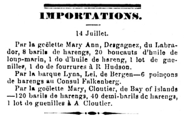 Article de journal décrivant la cargaison de la goélette Mary Ann de Zéphirin Desgagnés.
