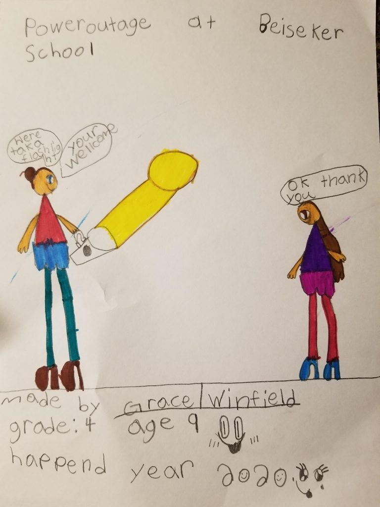 Dessin signé par un étudiant actuel de l'école Beiseker représentant un enseignant tenant une lampe de poche parlant à un enfant.