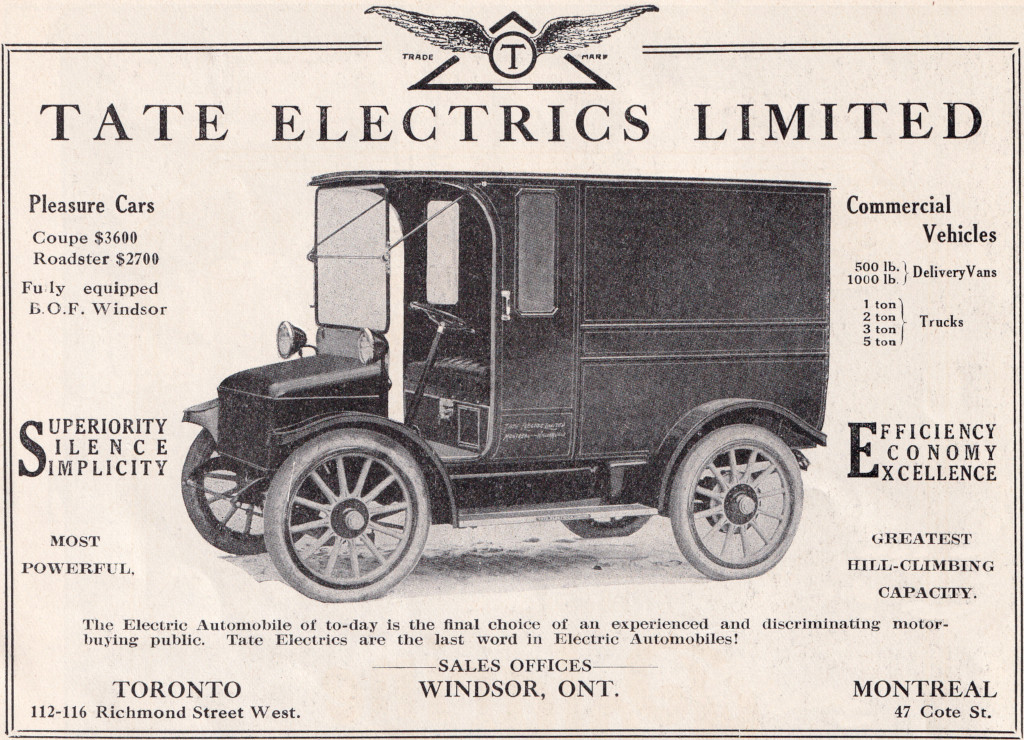 Image publicitaire montrant un camion de livraison électrique de forme rectangulaire. Légende : TATE ELECTRICS LIMITED / L'automobile électrique d'aujourd'hui est le choix définitif des acheteurs expérimentés et sélectifs. La voiture électrique Tate est la référence ultime dans le secteur de l’automobile électrique.