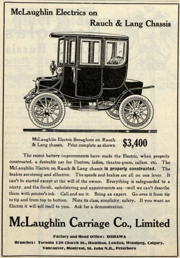 Publicité pour une voiture électrique de forme rectangulaire. Titre : Voitures électriques McLaughlin sur châssis Rauch & Lang.