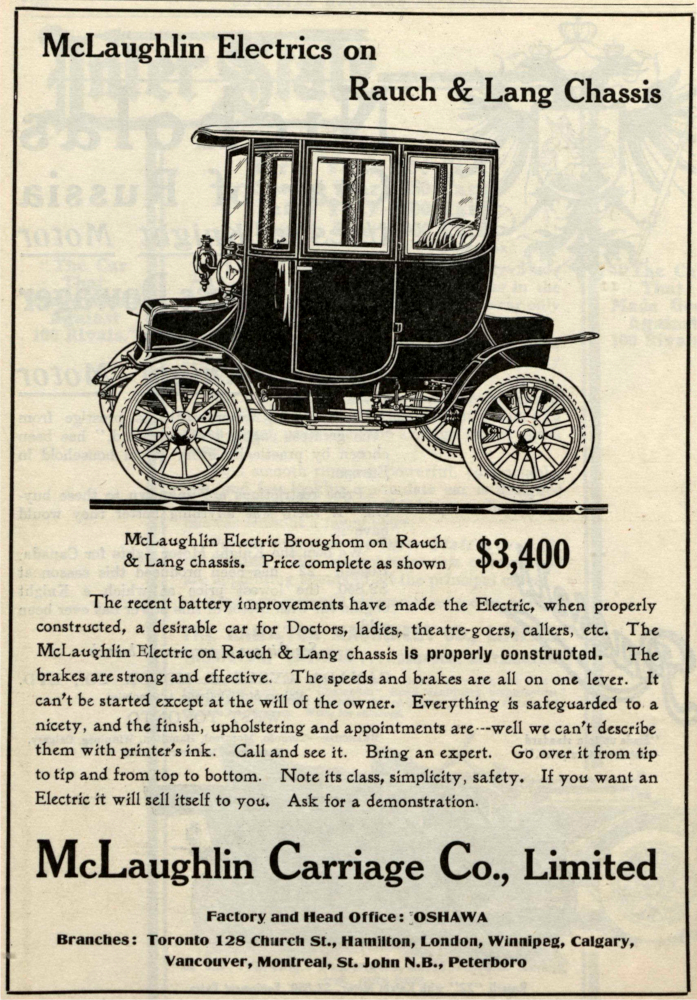 Publicité pour une voiture électrique de forme rectangulaire. Titre : Voitures électriques McLaughlin sur châssis Rauch & Lang.