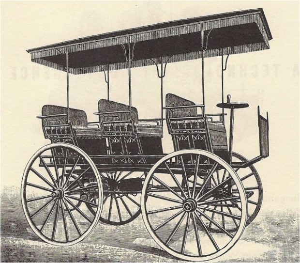 Gravure sur bois d'un véhicule électrique à six places ressemblant à un wagon ouvert avec un toit en auvent.