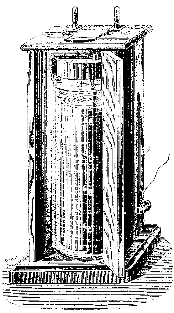 Schéma d'une batterie cylindrique en verre remplie de liquide, montée à l'intérieur d'une boîte en bois.