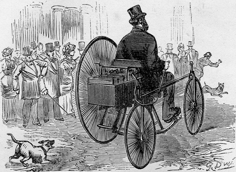 Gravure sur bois d'une foule stupéfiée regardant un homme en manteau et à chapeau haut de forme conduire un véhicule électrique à trois roues dans une rue pavée, poursuivi par plusieurs chiens qui aboient.