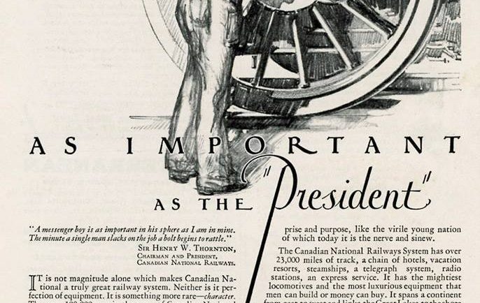 Publicité d’époque en noir et blanc avec un dessin dans la moitié supérieure de l’image et un texte publicitaire dans la moitié inférieure. L’image est un dessin d’un cheminot lubrifiant la roue d’une grande locomotive.