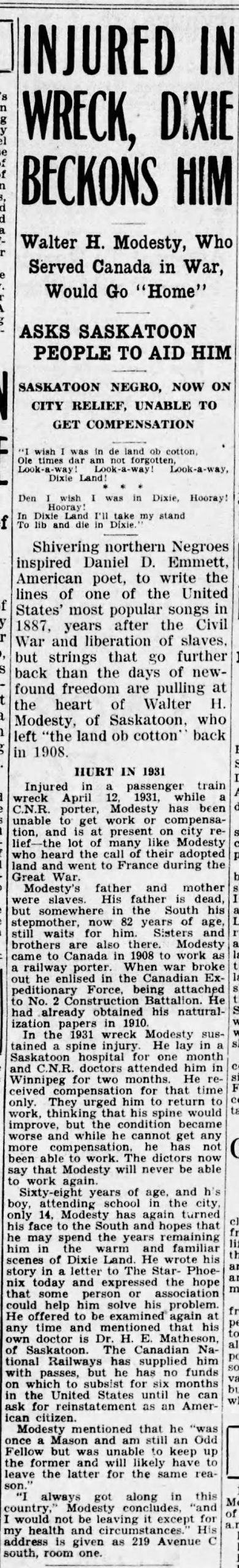 Coupure en noir et blanc d'une coupure de presse vintage. L'article est long et étroit, avec le titre "BLESSÉ DANS UN ÉPAVE, DIXIE L'ATTEND" en grosses lettres en haut. Il y a trois sous-titres et trois séries de paragraphes ci-dessous.