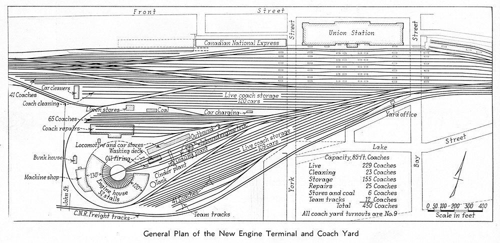 Dessin architectural en noir et blanc d’installations ferroviaires. On voit une rotonde dans le coin inférieur gauche et plusieurs voies ferrées et bâtiments. Une boîte étiquetée « Gare Union » est dessinée dans le coin supérieur droit.