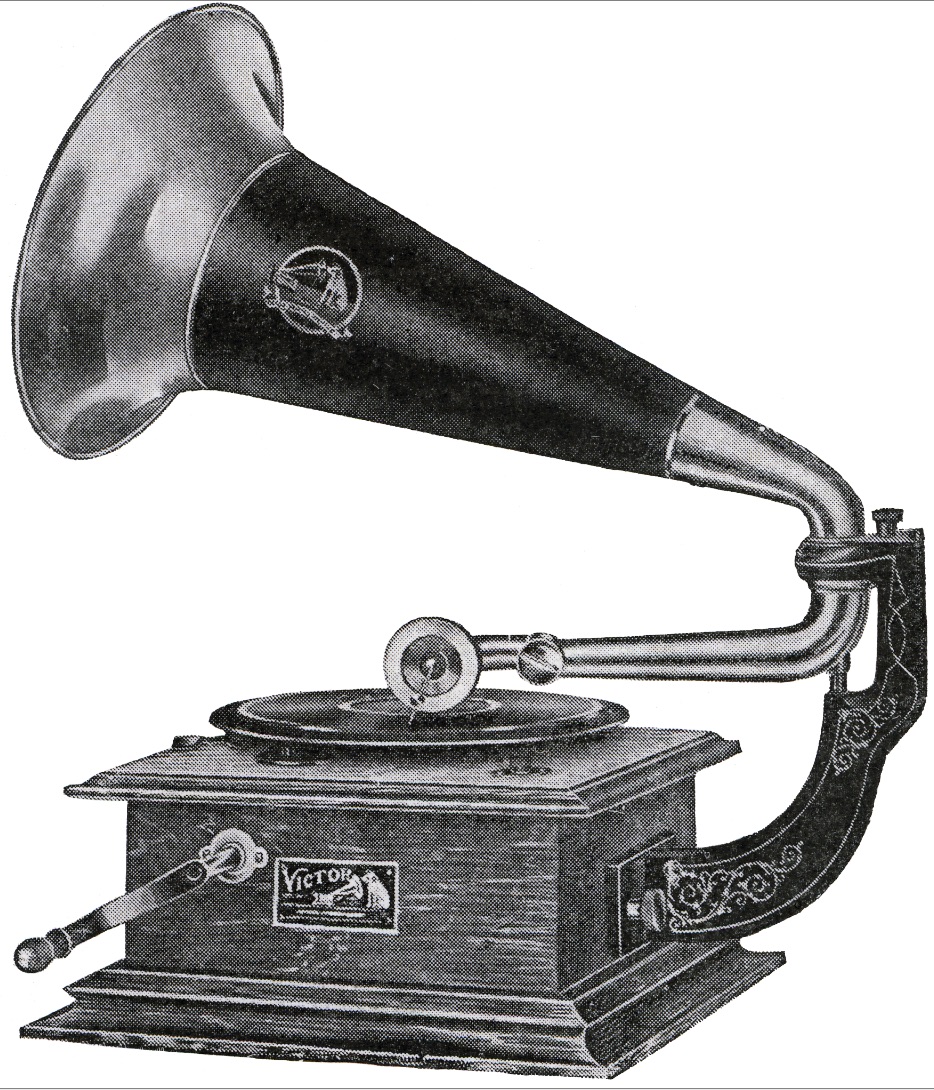 Illustration noir et blanche d'un phonographe des années 1900 avec une grande corne et une manivelle.