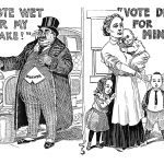 Caricature sur la tempérance avec un grossiste en alcool opposé à une famille ouvrière, Victoria (C.-B.)