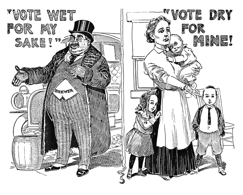 Caricature de journal montrant un gros homme dans un costume matinal et un haut-de-forme à gauche et une femme avec deux enfants debout à côté d'elle et tenant un bébé.