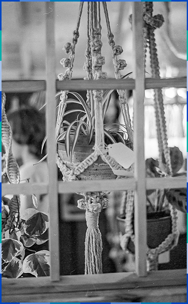 La photographie en noir et blanc est prise à travers un treillis en bois. De l’autre côté du treillis se trouvent, suspendus au plafond, trois porte-pots en tissu fabriqués grâce à la technique du macramé. 
