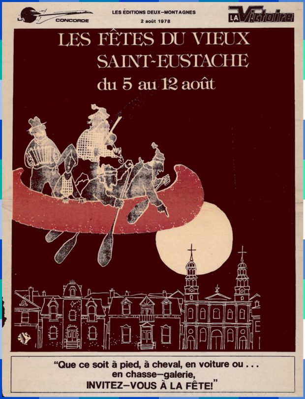 Illustration d’un groupe d’hommes qui jouent de la musique et pagaient dans un canot rouge qui survole un village durant la nuit. Au-dessus de l’église du village se trouve une pleine lune. En haut de l’illustration, on peut lire : « Les Fêtes du Vieux Saint-Eustache du 5 au 12 août ».  