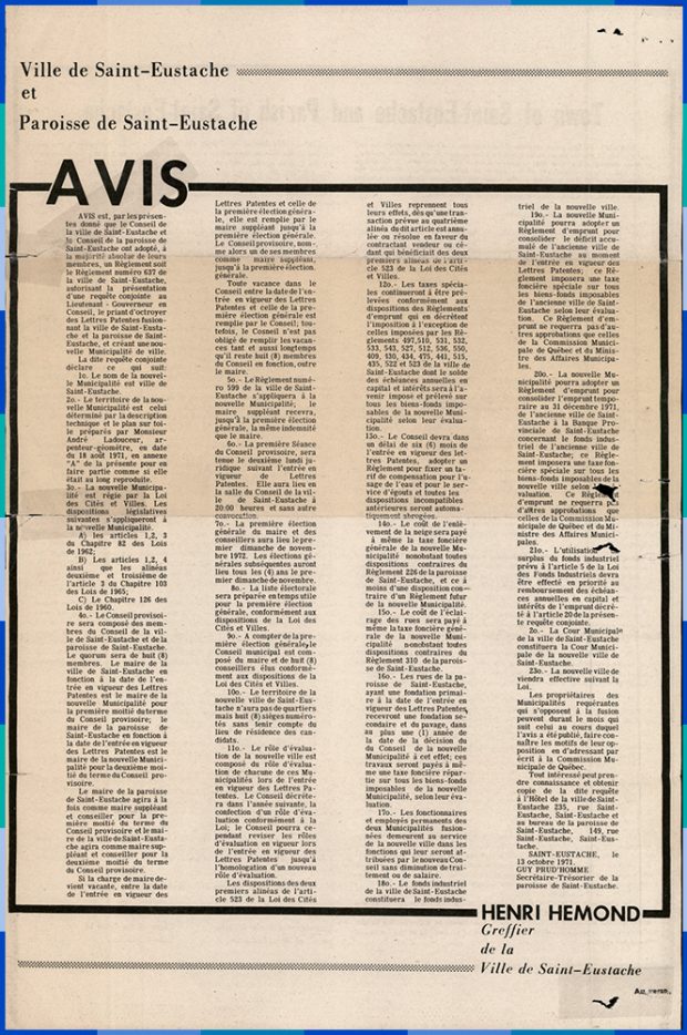 L’avis est encadré et il est signé par le greffier de la Ville de Saint-Eustache, Henri Hemond. 