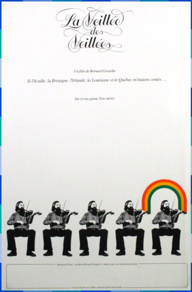En haut de l’affiche, figurent le titre du documentaire en lettres cursives et le sous-titre : “ Si l’Acadie, la Bretagne, l’Irlande, la Louisiane et le Québec m’étaient contés...” Au bas de l’affiche, une illustration en noir et blanc d’un violoniste assis est reproduite cinq fois. Un arc-en-ciel couronne la cinquième copie. Le fonds de l’image est un dégradé allant du blanc au gris.