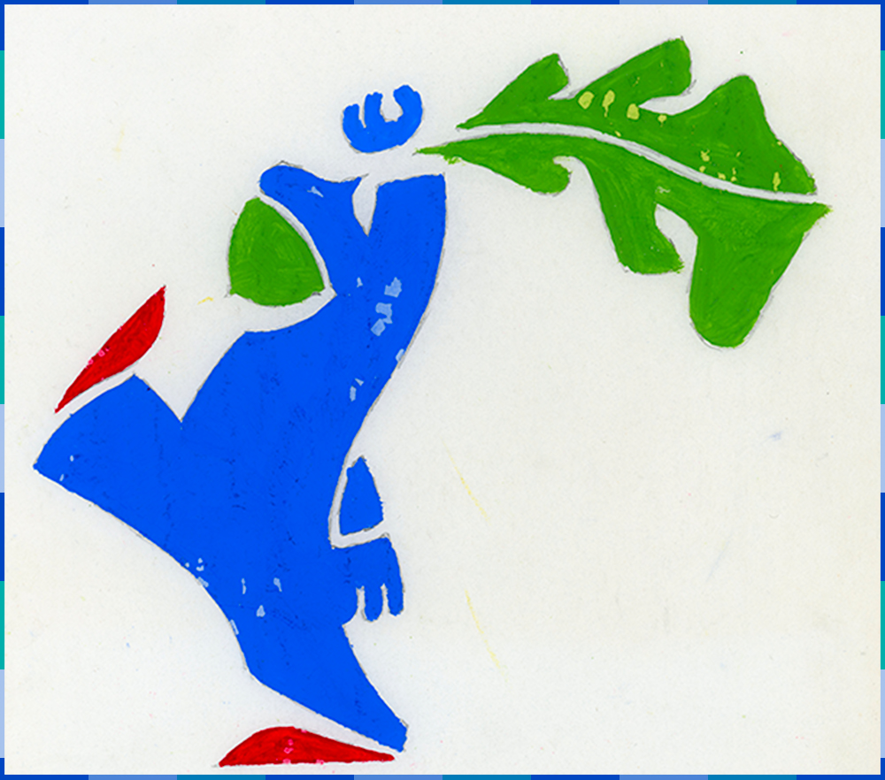 A drawing of a figure walking toward the left. His head is a green acorn, and he has a human-shaped body which is blue. His feet are red. In his hand, he holds a green oak leaf, which he waves above his head.