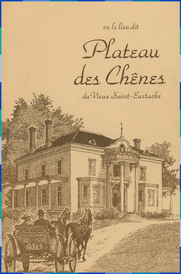 Page couverture d'un dépliant sur le manoir Globenksy. On y voit une carriole transportant un homme et une femme vus de dos, tirée par deux chevaux, sur un chemin menant au manoir Globensky.