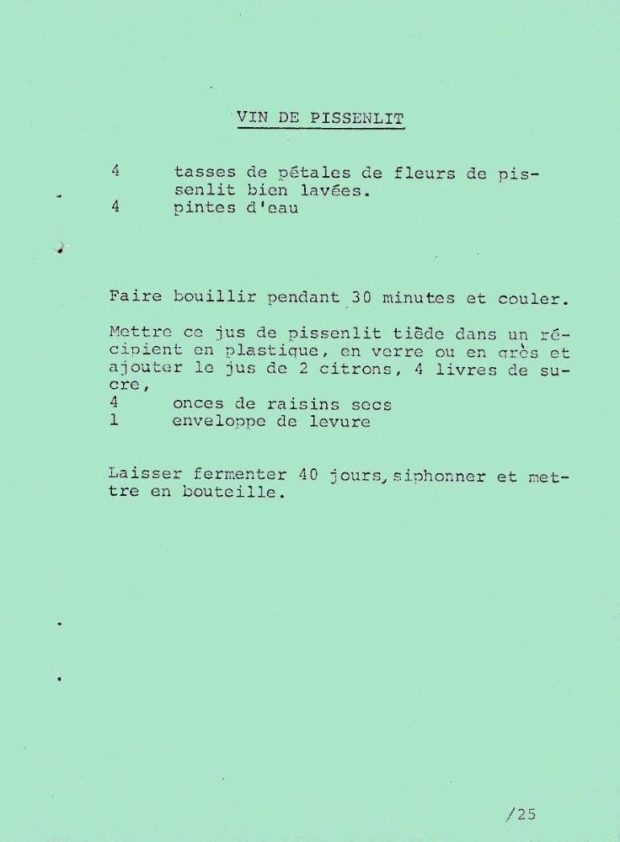 Recette de vin de pissenlit fait à partir de fleurs.