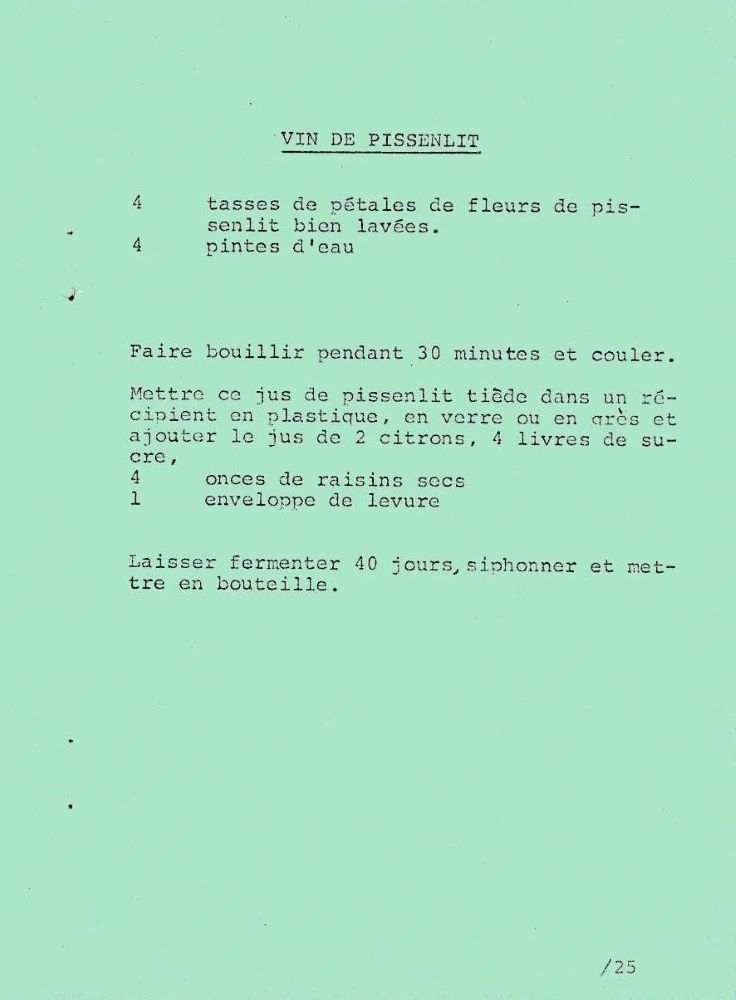 Recette de vin de pissenlit fait à partir de fleurs.