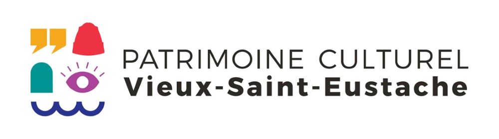 On the left are yellow quotation marks and a red toque. Below are a turquoise door and a mauve eye, and at the very bottom is a reversed blue wave. On the right are the words “Patrimoine culturel Vieux-Saint-Eustache” (“Old Saint-Eustache Cultural Heritage”).