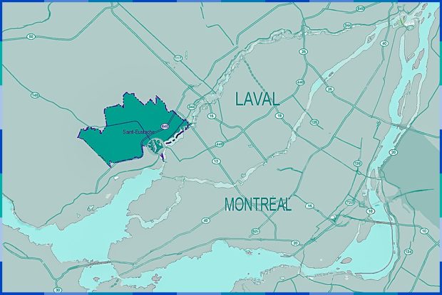 Carte dans les tons de bleu et de vert situant la Ville de Saint-Eustache au nord-ouest de Montréal et Laval.