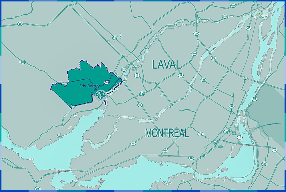 Carte dans les tons de bleu et de vert situant la Ville de Saint-Eustache au nord-ouest de Montréal et Laval.
