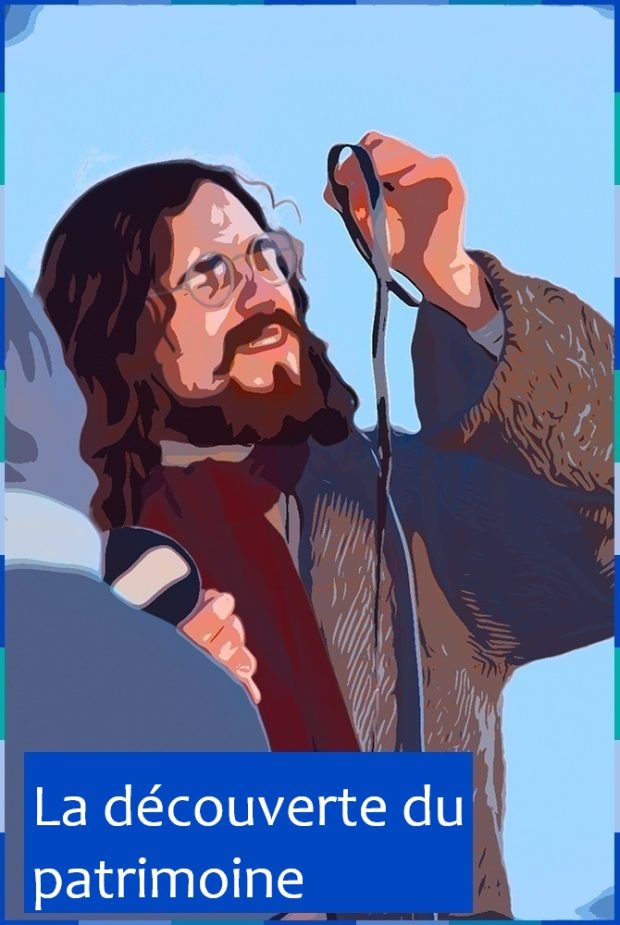 Photographie retouchée dans le style bande dessinée d'un homme ayant une barbe et de longs cheveux bruns. Il porte un manteau, un foulard bourgogne et des petites lunettes rondes. Il examine une pellicule de film.  En bas à gauche est inscrit: Le tournage du film La découverte du patrimoine.