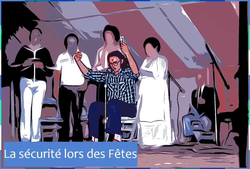 Photographie retouchée dans le style bande dessinée d'un homme assis sur une chaise qui chante dans un microphone et dont les deux bras sont levés. Il semble être sur une scène à l’intérieur d’un chapiteau. Quatre personnes debout et une personne assise se trouvent derrière lui. En bas à gauche est inscrit: "La sécurité lors des Fêtes".