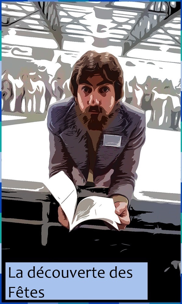 Photographie retouchée dans le style bande dessinée de Sylvain H. Boileau s’appuyant sur un muret pour consulter un pamphlet. En bas à gauche de l'image est inscrit La découverte des Fêtes.